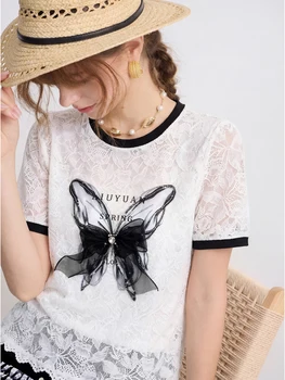 Women Sheer Lace Blouse Cropped Top Contrast Trim Bow Detail Slim Fit Shirt Chic Sexy Sweet Summer Going Out Top 1