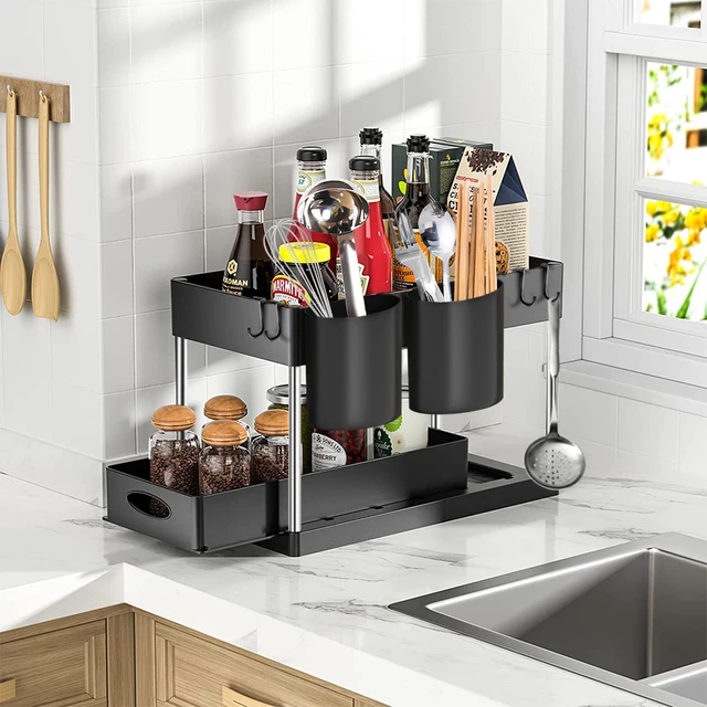 Organizzatore sotto il lavandino a 2 livelli, armadio scorrevole, cestino, portaoggetti, con ganci, tazza sospesa, organizer da cucina per bagno 4