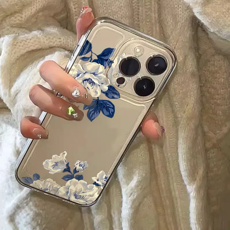 Blue Leaf White Flower Pattern Transparent Phone Case Cover