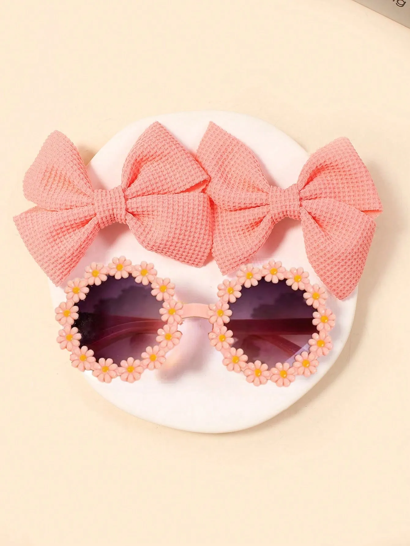 3pcs/Set Pink Hair Clips And Sunglasses For Girls (Small/Med/Large)