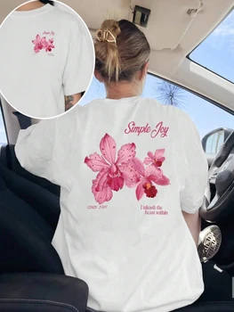 Women's Pink Orchid Print T-Shirt, Short Sleeve, Round Neck Top, Summer Y2K Style T-shirt, Comfortable Women's Clothing Y2K Top 1