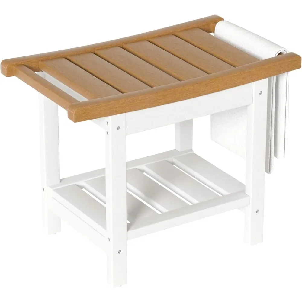 

Shower Benches 24 x 13 Inch Waterproof Chair with Storage Shelf Poly Stool Seat Inside Spa Indoor and Outdoor Use Teak and White