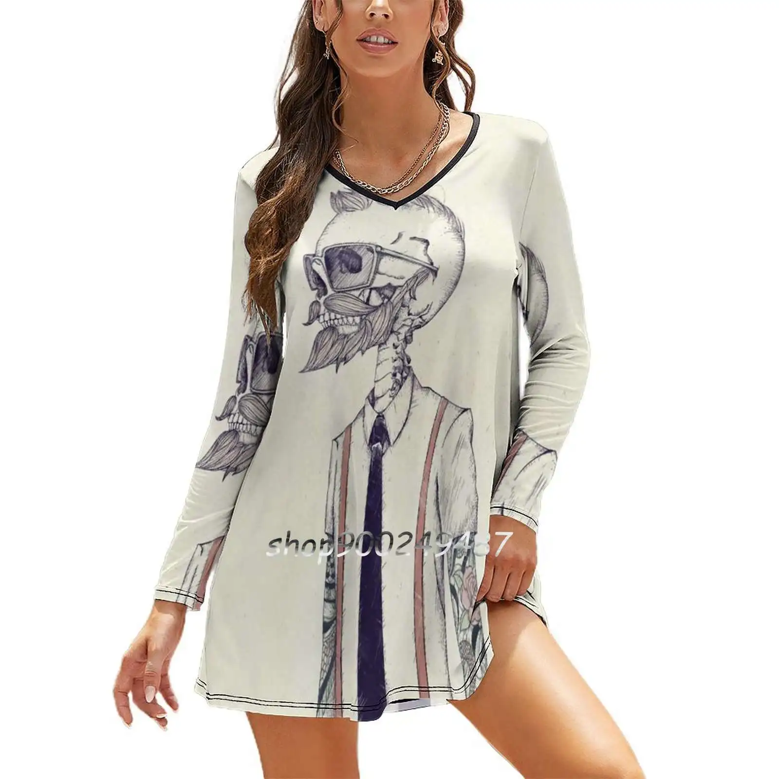 

The Gentleman Becomes A Hipster Dresses For Women A-Line Korea Style Slim Long Sleeve Dress Hipster Abstract Skull Skelet
