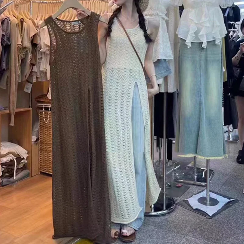 Vestido de punto de verano para mujer, color liso, con escote redondo, sin mangas, con abertura en el dobladillo, vestido de ganchillo, vestidos de fiesta de los años 2000
