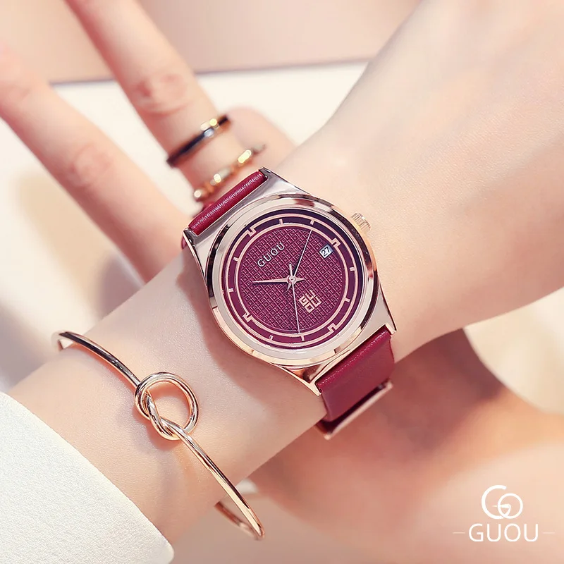 

Fashion GUOU Brand Ladies Watch quartz Genuine Leather Luxury strap watch student calendar Water Resistant Womans Wristwatches