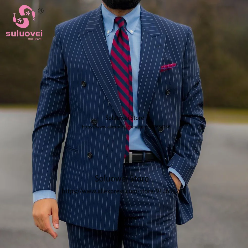 Fashion Stripe Double Breasted Tuxedos 2 Piece Jacket Pants Set Business Blazer Formal Groom Wedding Peaked Lapel Suits For Men