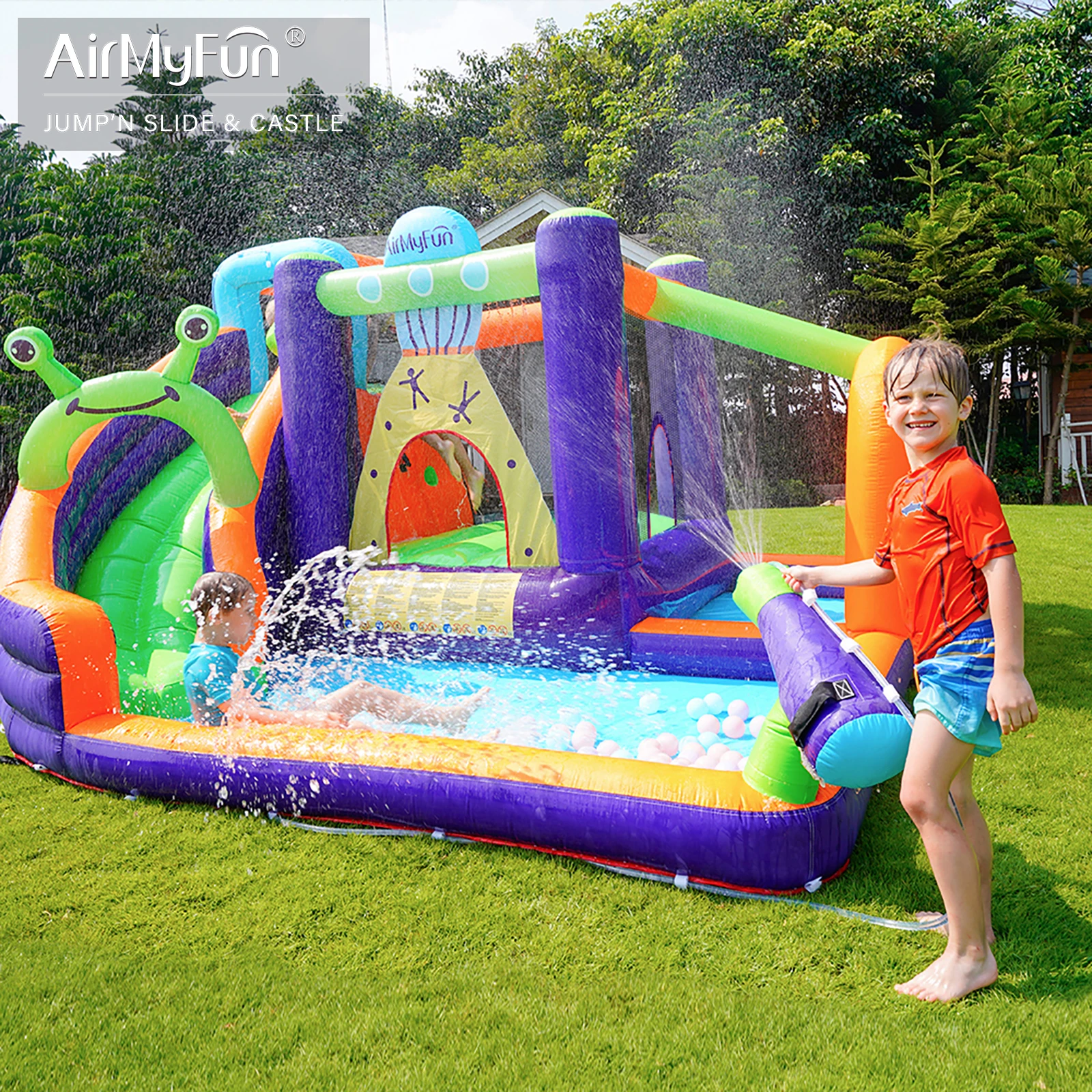 AirMyFun Inflatable Water Bounce House for Kids with Long Slide and Ball Pool, Kids Bouncy Playhouse for Outdoor or Indoor hot fun inflatable ball tpr inflatable bouncy ball water injection transparent bubble racket bounce ball relaxing toy