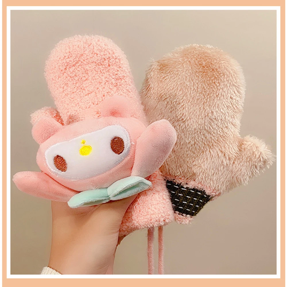 Winter Kids Full Finger Gloves Sanrio Anime Cinnamoroll Kuromi Melody Cartoon Kawaii Soft Warm Girl Gloves Thick Mitten 3-12Y