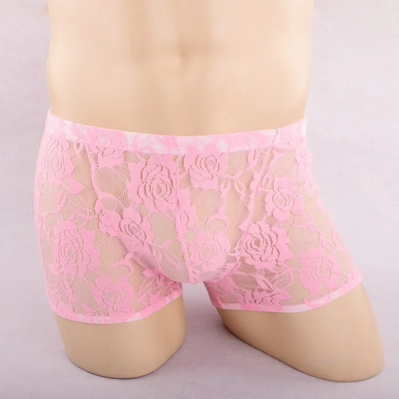 Lace transparent men's underwear red ultra-thin perspective shorts sexy U-convex breathable boxer pants