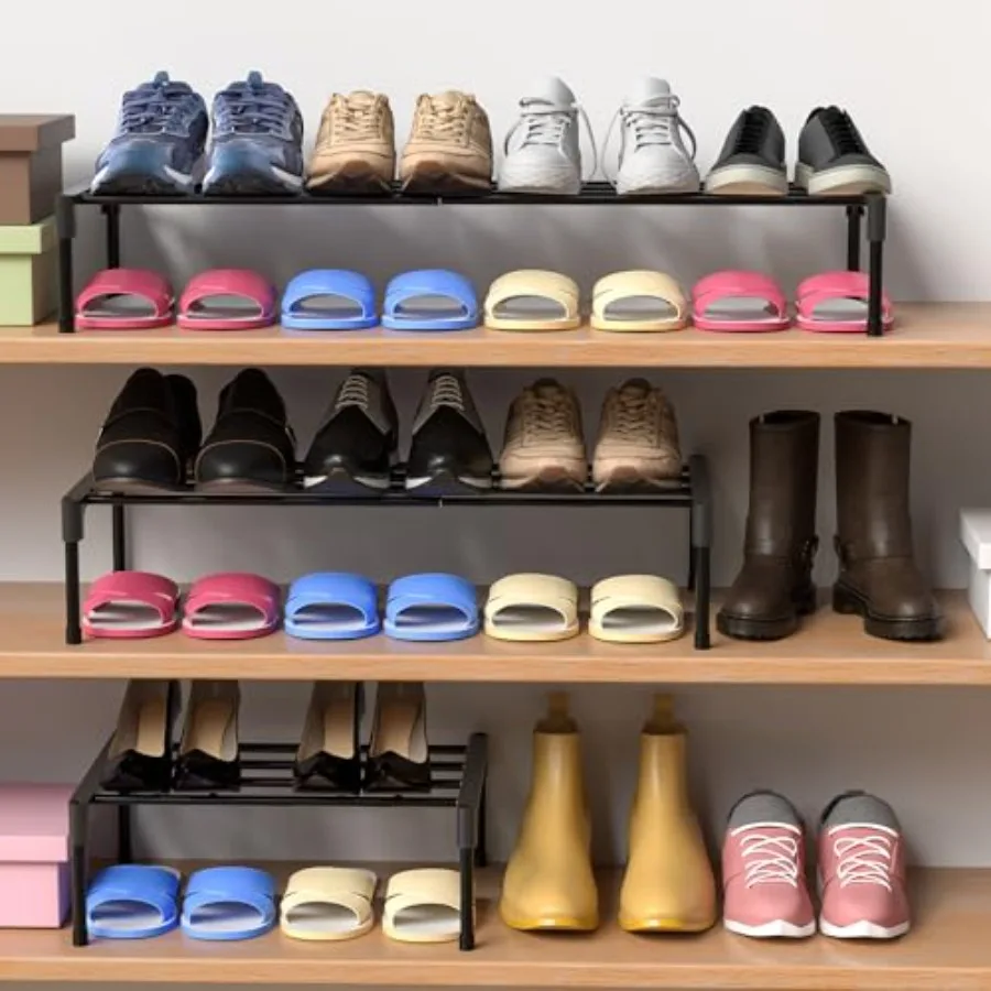 2 Pcs Expandable Shoe Rack 16 ''30 '' Adjustable Shoe Shelf Metal 1 Tier Rack Black Stackable Organizer for Cabinet Entryway Cl