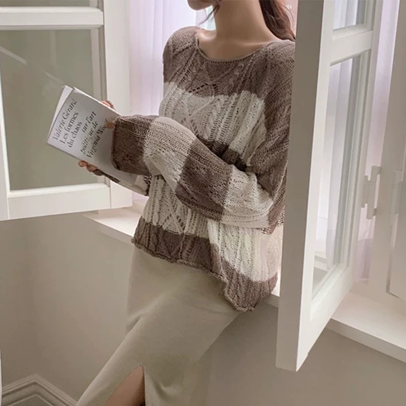 Spring and Summer New Knitted Hollow Women's Sweater Fashion Striped Loose Casual Pullover Shirt