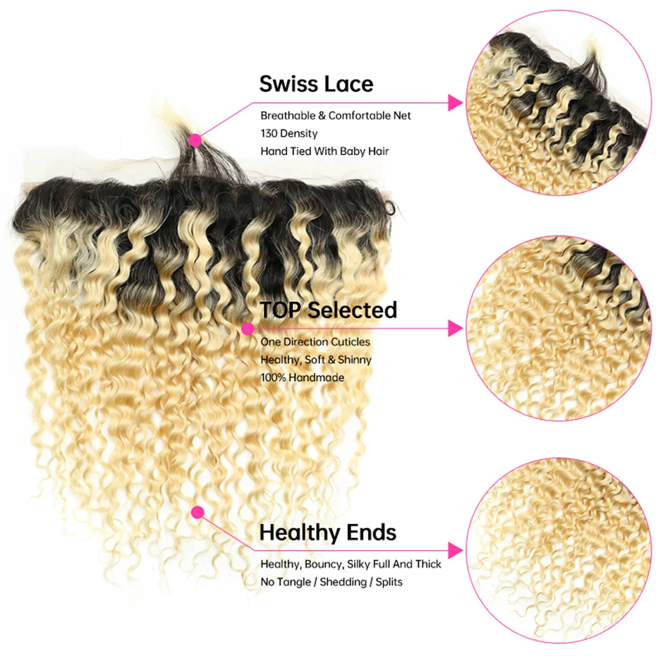 1B 613 Ombre Blonde Deep Wave Curly 4x4 Lace Closure with Baby Hair Brazilian Remy Human Hair 13x4 Swiss Lace Frontal Preplucked