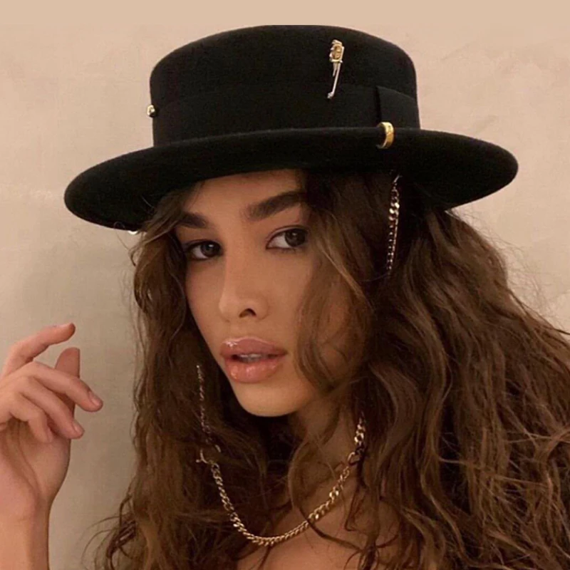 Pin Top Hat Female British Retro Autumn Winter Wool Flat Cap Socialite