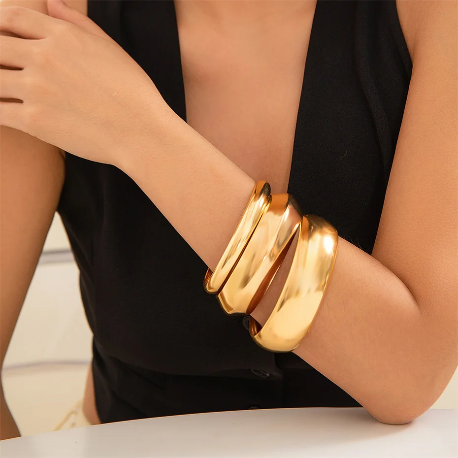 Ingemark 3Pcs Punk Round Glossy Closed Bangles for Women Trend Vintage Big Metal Arm Bracelet Couple Grunge Jewelry Steampunk