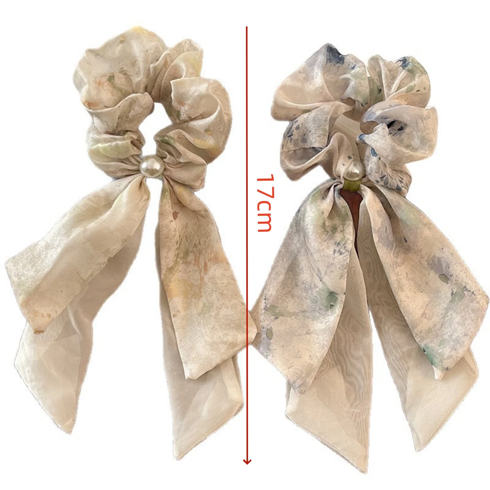 1PC Chiffon Scrunchies with Bow & Pearl: Watercolor Print Hair Ties for Women, Elegant Hair Accessories for Daily & Party Looks