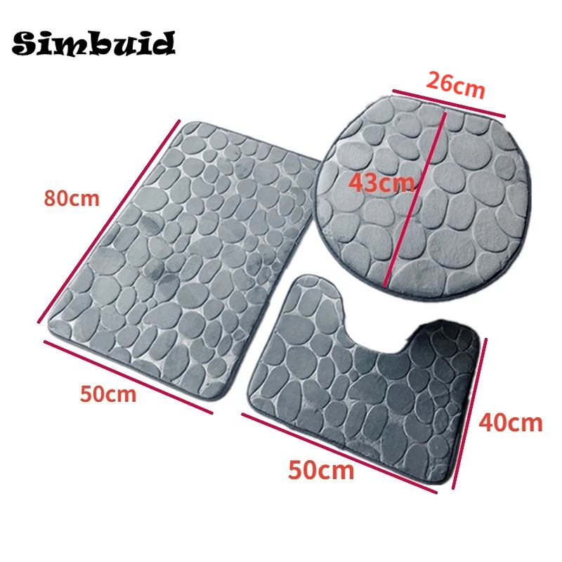 Set of 3 Bathroom Bath Mat Set 2PCS Cobblestone Mat Absorbent Non Slip