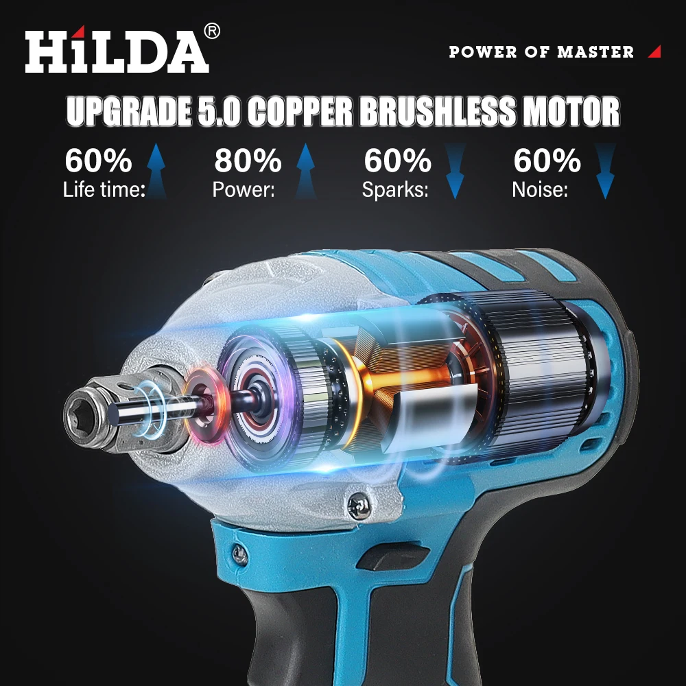 HILDA 21V Blue Brushless Electric Impact Wrench Rechargeable 1/2 Socket Wrench Cordless Without Battery 5