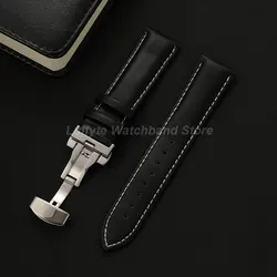Classic Black and Brown Leather Watch Band with Butterfly Clasp Buckle - Elegant Replacement Strap - 24mm (Black - White)