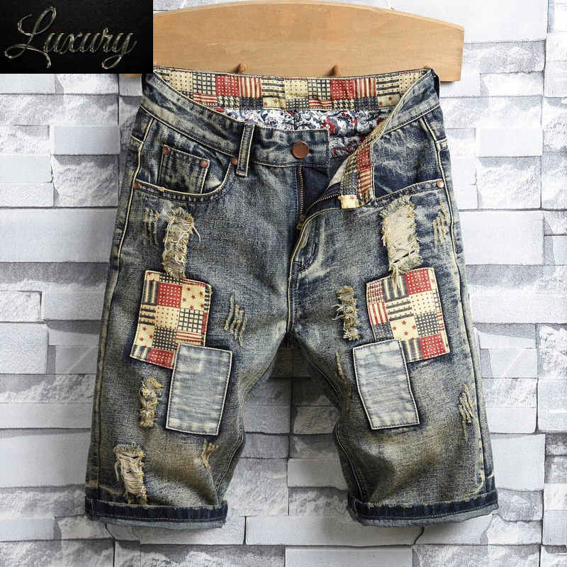 

New summer Men's vintage Ripped patch casual Denim Short Streetwear Straight biker jeans short Plus Size 40 bermudas hombre