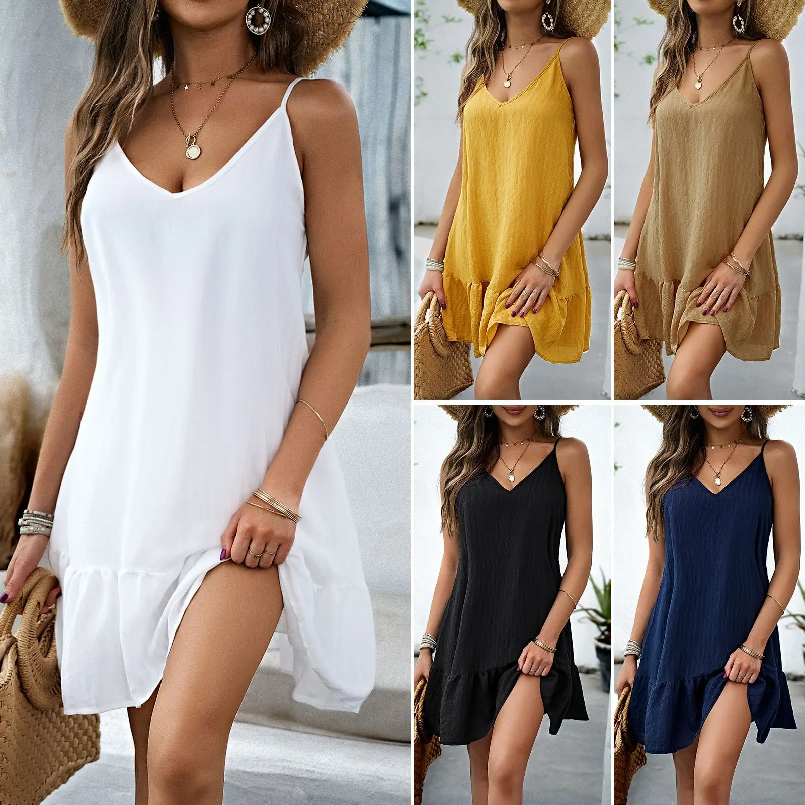 Sexy Spaghetti Strap Ruffle Dress Women Summer Dress Cotton Linen Vestidos Green Dresses Off Shoulder Sexy Mini Sundress