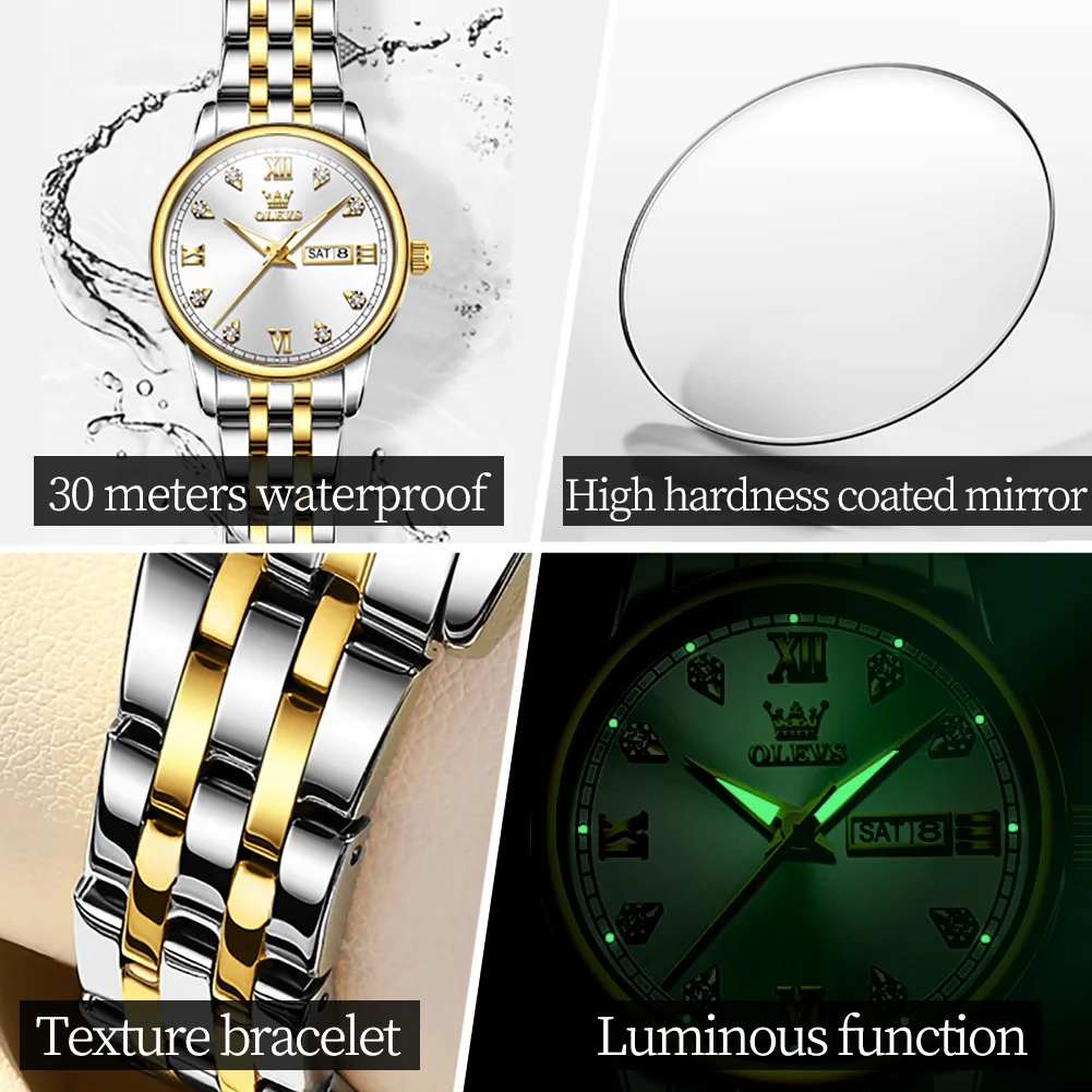 OLEVS Quartz Watch for Women Luxury Stainless Steel Dual Calendar Dial Waterproof Luminous Women's Wristwatch Clock Reloj Mujer