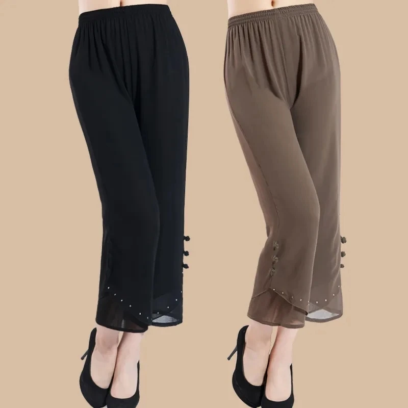 

Women Chiffon Wide Leg Pants New 2022 Summer Loose High Waist Casual Trousers Female Diamond Pantalones De Mujer Cintura Alta