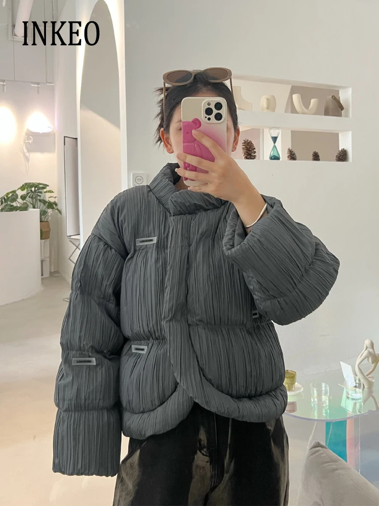 

Зимние женские плиссированные пуховики 2023, толстый теплый пуховик большого размера, Повседневная Милая женская верхняя одежда с длинным рукавом INKEO 3O093