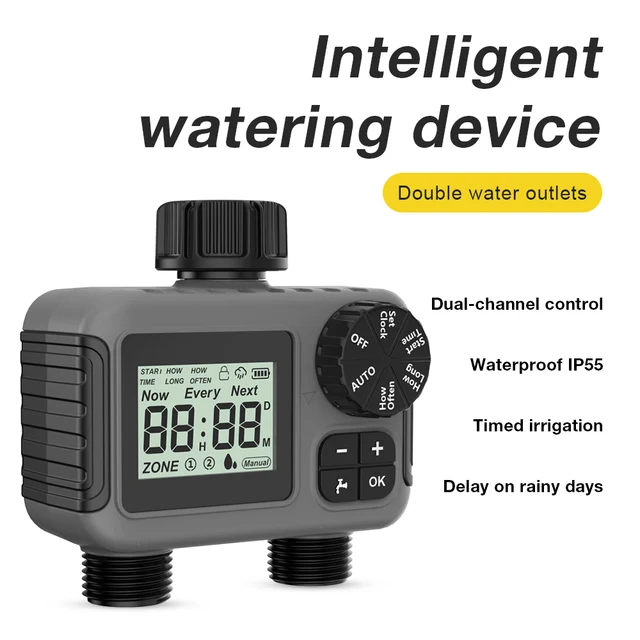 2 Zone Digital Water Timer Automatic Irrigation Controller 3/4'' Thread Sprinkler Timer Irrigation Watering System for Outdoor 2