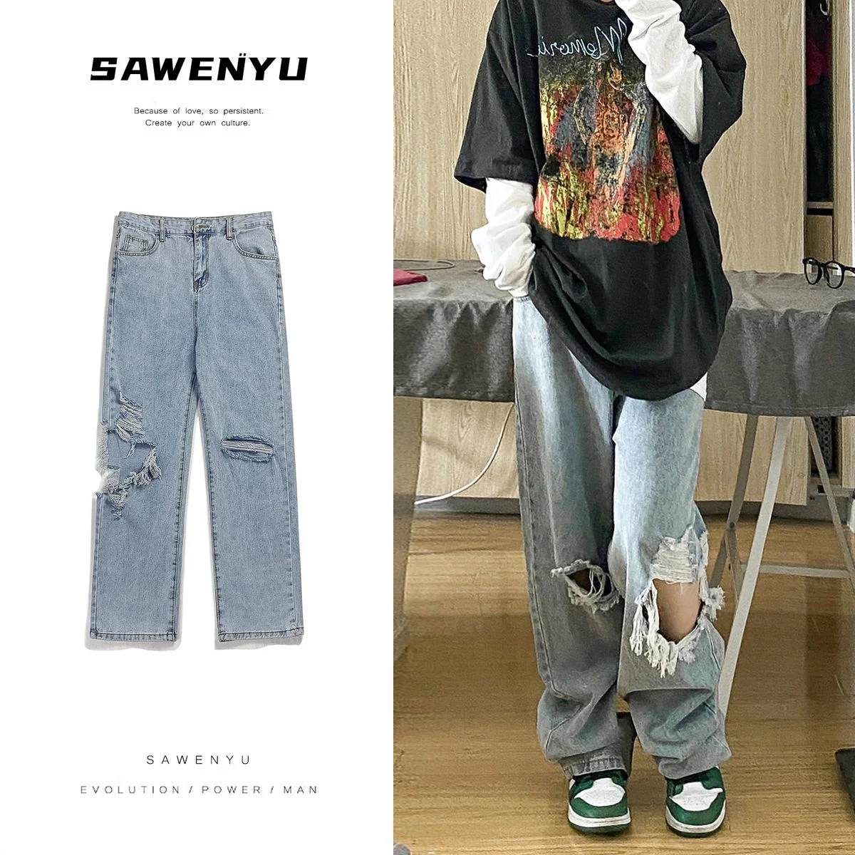 

Trend Hole Beggar Jeans for Men Casual All-match Classic Straight Wide-leg Trousers Washed Blue Old Four Seasons Thin Pants