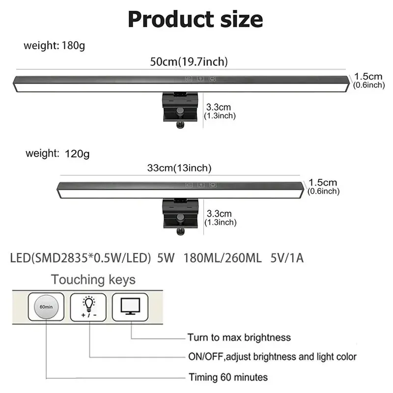 Eye-Care-Lâmpada de Mesa Pendurada para Computador, Monitor de PC, Barra de Luz, Escurecimento Stepless, Leitura, Alimentado por USB, Candeeiro de Mesa, 50cm