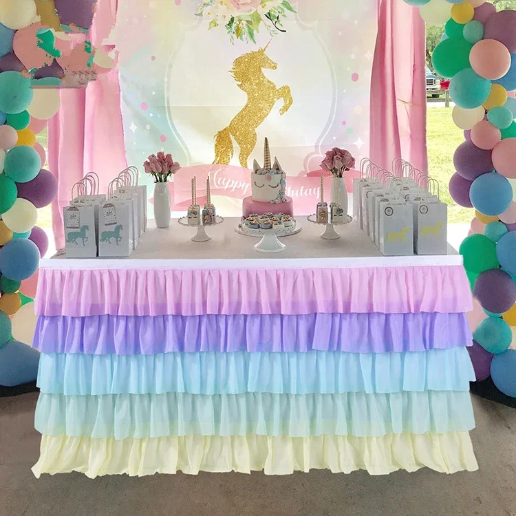 Cake Table Skirt Rainbow Unicorn Table Cloth Birthday Party Wedding Decoration Chiffon Surround Tablecloth Home Ornament
