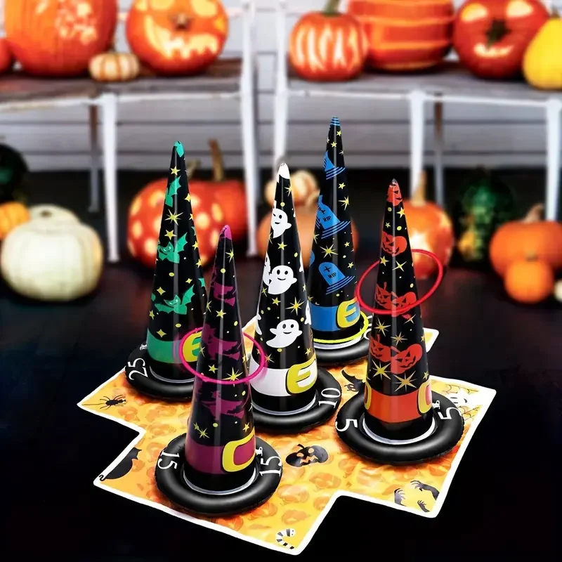 5Pcs Halloween Inflatable Witch Hat Ring Toss Game with 20pcs Colored Rings Air Pump Halloween Party  Supplies Kids Adult Toys