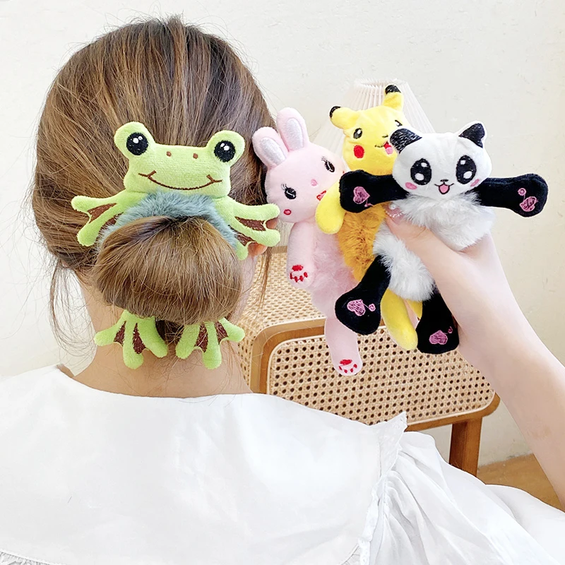 Hair Tie For Kids Elastic Hair Rubber Child Head Accessories Cartoon Plush Frog Rabbit Cat Stuffed Animal Scrunchie Wholesale flyingbee animal owl painting art key chain lanyard gifts for child students friends phone usb badge holder necklace x2135