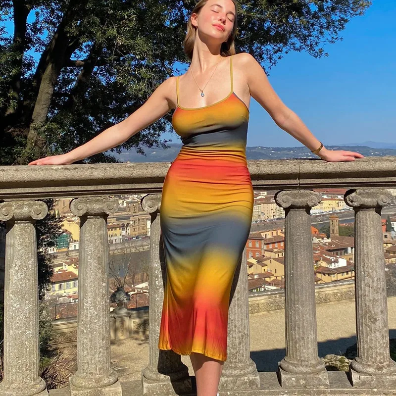 

Summer Gradient Color Sleeveless Dress for Women Lady Adjustable Spaghetti Strap Low-Cut Slim Bodycon Dress Party Streetwear y2k