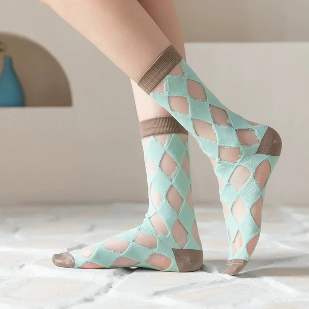 Transparent Crystal Women Cotton Socks 6Pairs Harajuku Fashion Rhombus Lattice Pattern Lace Breathable Girls Kawaii Cute Socks