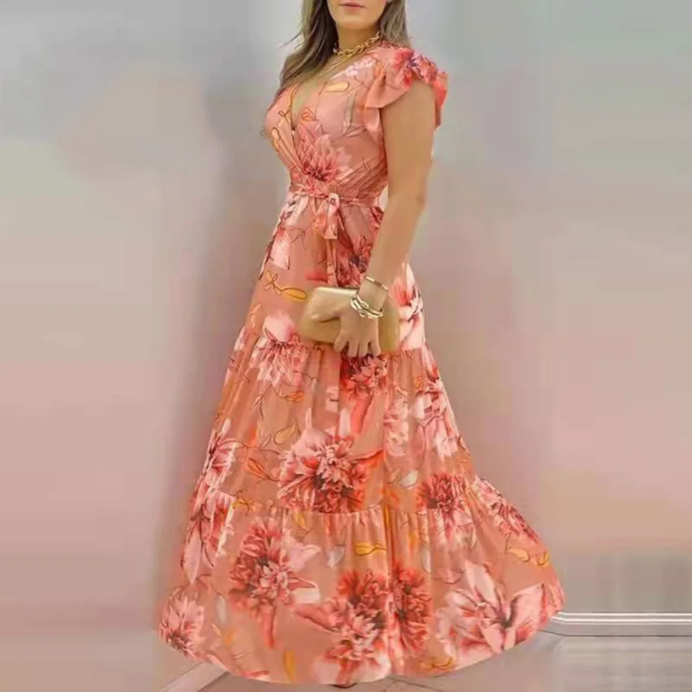 

Floral Print Maxi Dress Fashion Sexy Office Lady Slim Lantern Sleeve V-Neck Loose Chiffon Holiday Vestidos Bodycon Robes Female