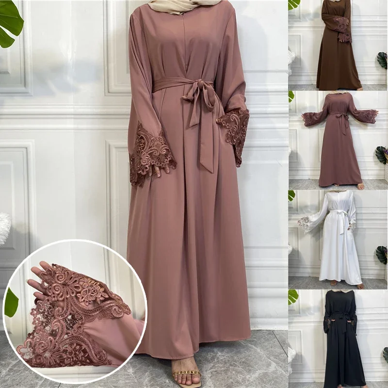 

1 шт. однотонное цветочное кружевное платье на молнии для женщин Abaya Jilbab Kaftan длинное мусульманское платье Дубай Abayas кардиган халат