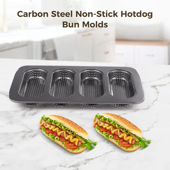2Pcs/Set Carbon Steel Hot Dog Bun Pans Perforated Holes Hotdog Bun Molds Bread Forms Crispy Mini Baguette Sandwich Baking Trays
