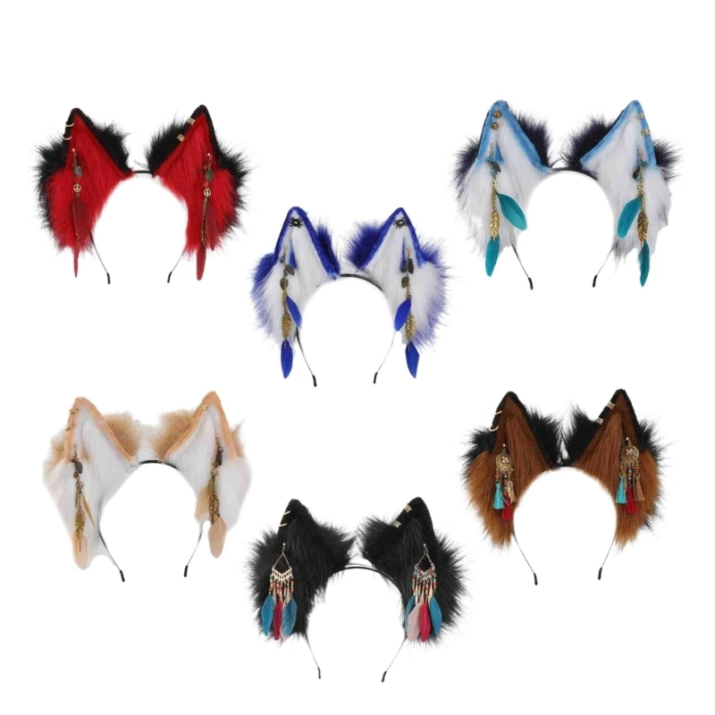 

Beast Ear Hairhoop Women Ethnic Tassels Plush Hairband Ethnic Style Cosplay Headband Party Costume Role Play Headdress