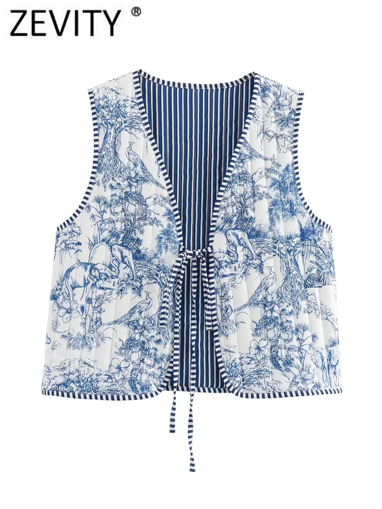 Zevity Women National Style Sleeveless Patchwork Floral Print Quilted Vest Jacket Ladies Lace Up WaistCoat Chic Crop Tops CT6267 3