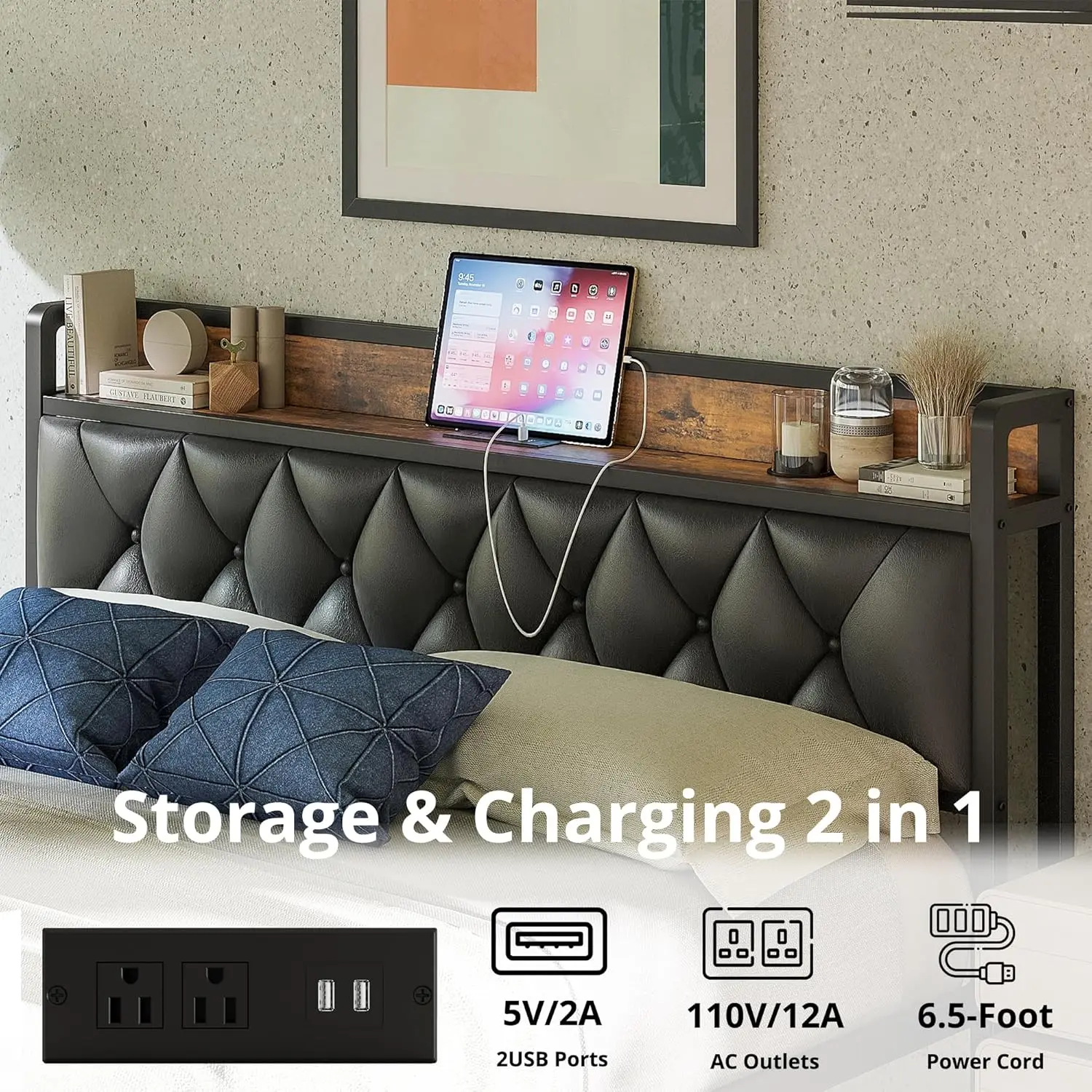 King Bed Frame, Storage Headboard with Outlets, Easy to Install, Sturdy and Stable, No Box Springs Needed, Rustic Brown