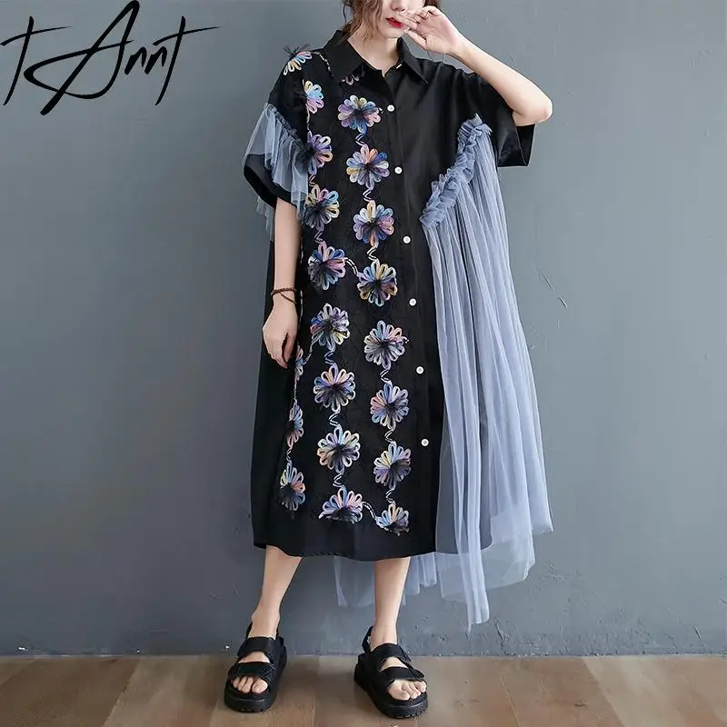 

Tannt Women Dress Gauze Patchwork Short Sleeves Irregular Shirts Dresses Asymmetry Color Matching Loose Leisure Long Dresses