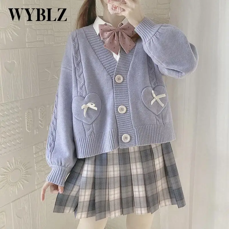 

Women's Cardigans Vintage Crop Knitted Sweater Pink Cardigan, Korean JK School Coat, Cute Bow Heart, Kawaii Fashion, Spring