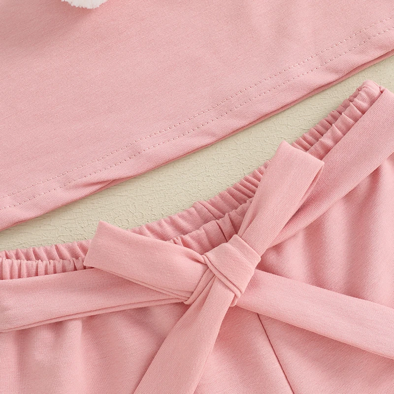 Pudcoco Kids Baby Girls Easter 3PCS Shorts Sets Flying Sleeve Bunny Print Tops Pink Shorts Headband Sets 3-7T
