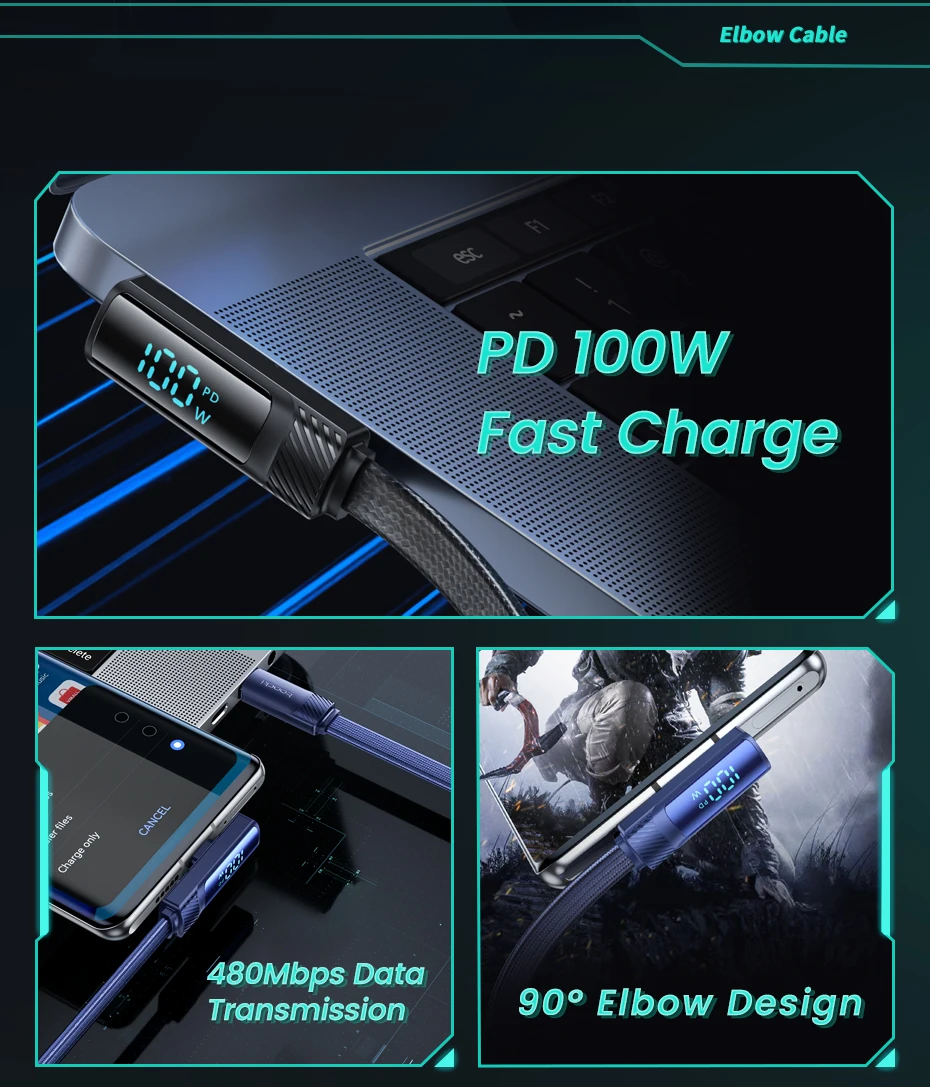 USB Type C Cable to USB C 90 Degree PD 100W Fast Cahrging for OPPO Macbook Xiaom