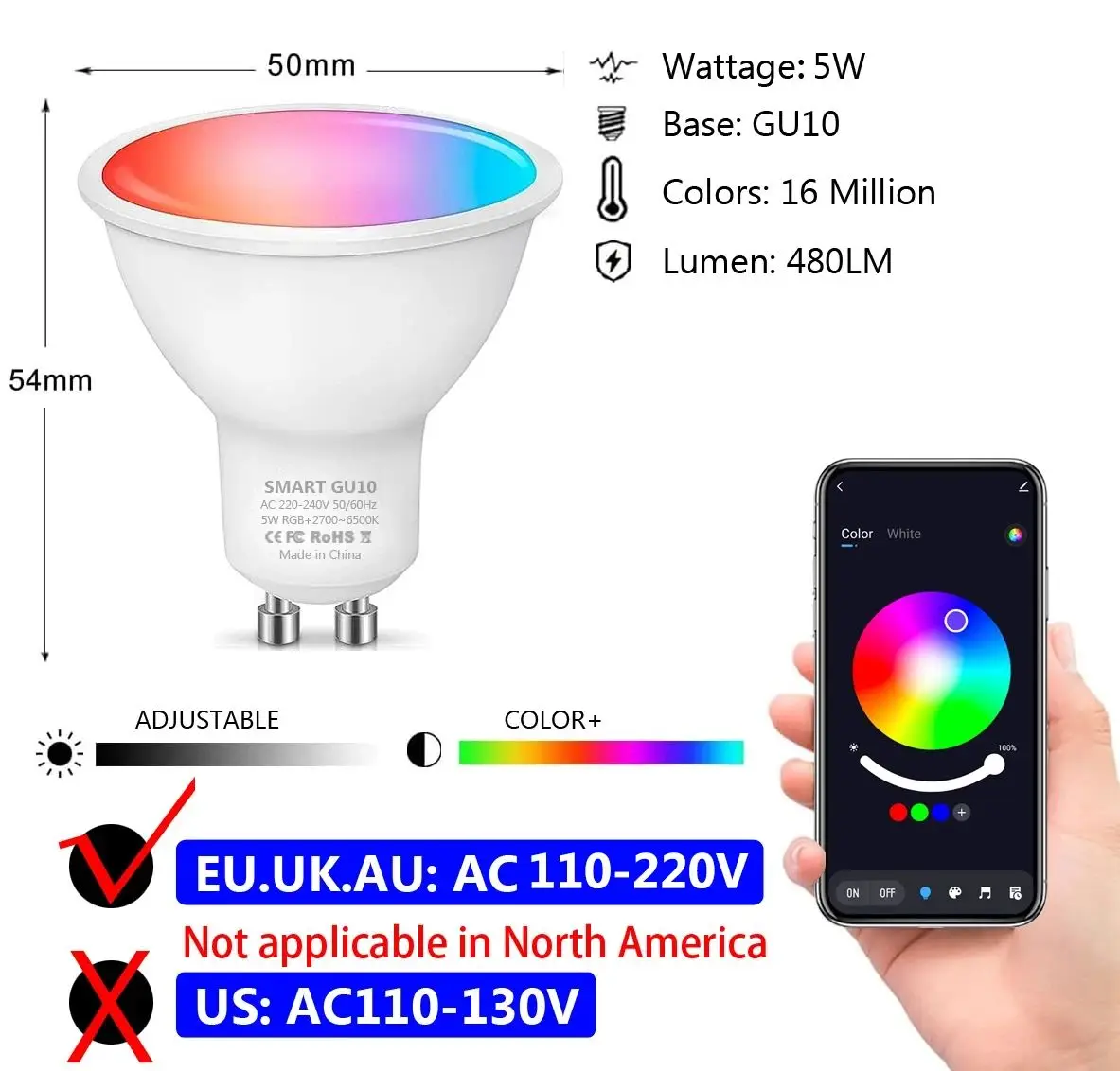GU10 LED Bulb Dimmable RGB Colour Changing Smart Bulb 220V 5W Bluetooth Smart Life APP Control Room Home Smart Led Bulb