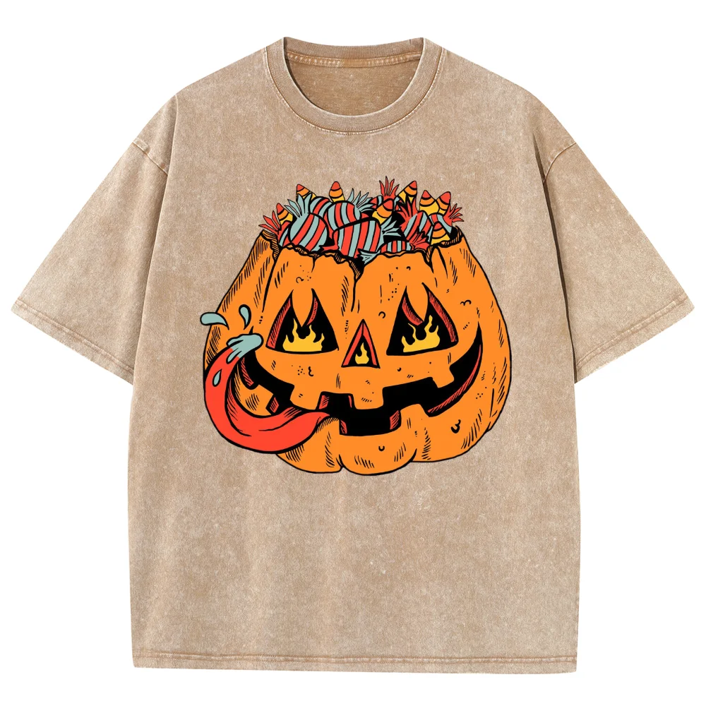 

Halloween Theme Washed y2k T Shirts, Vintage Evil Pumpkin Graphic Print, 100% Cotton Unisex Wash Detail Cat Print Cotton Tshirt