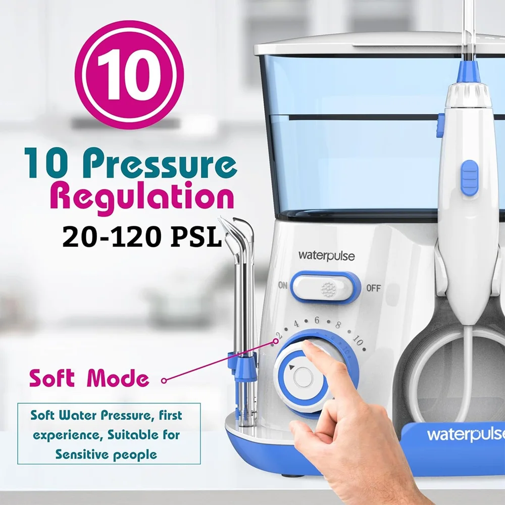 Waterpulse Electric Water Flosser Oral Irrigator, Water Flossing Teeth Cleaner with 800ML Large Capacity, 10 Modes & 5 Jet Tips