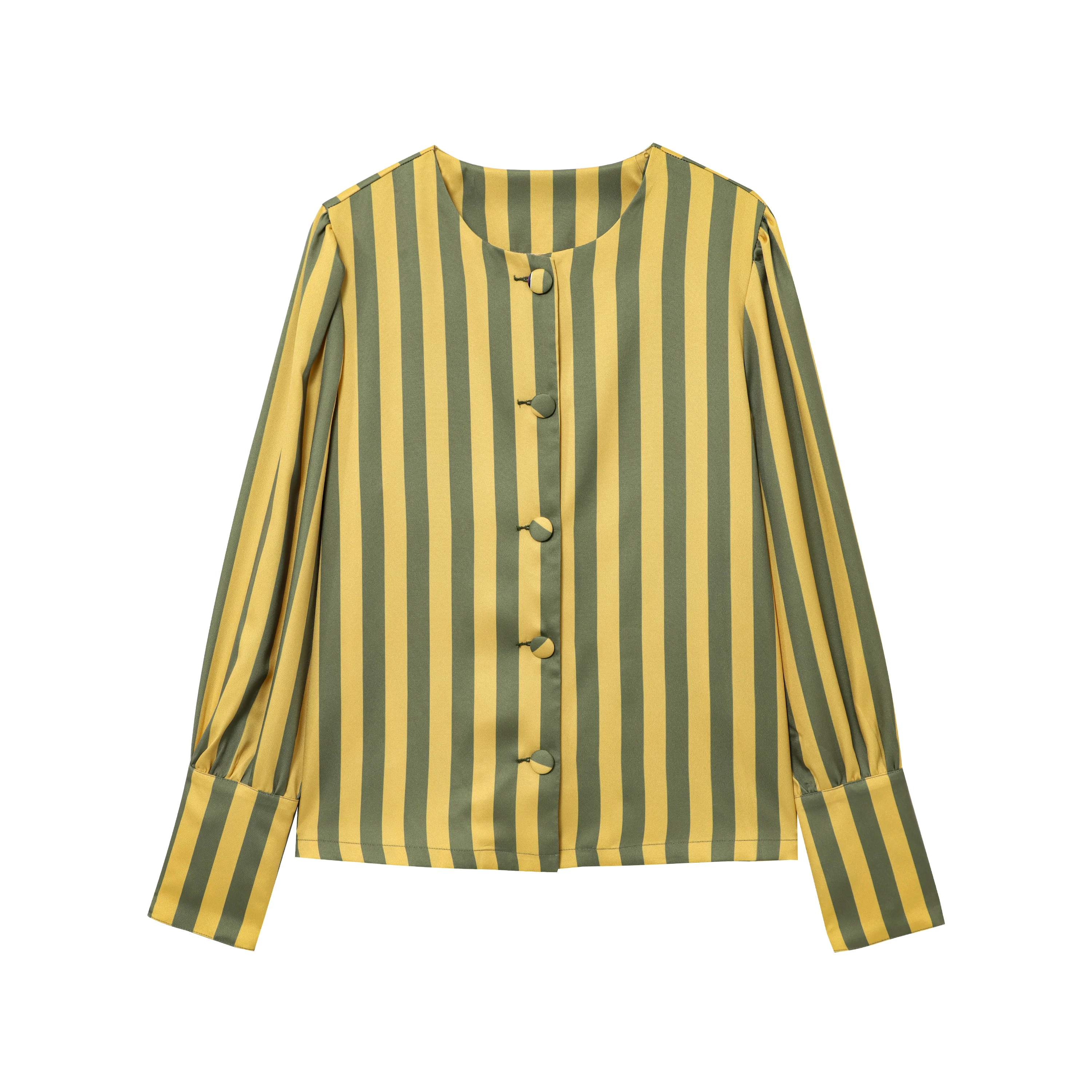 2025 Autumn New Female Chic Blouse Women's Loose Fit Striped Print Shirt O-neck Puff Sleeve Single Breasted Simple Casual Top