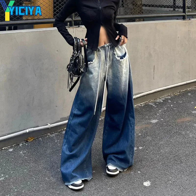 YICIYA Jeans Oversize Ombre Frayed Wide Leg pants Spring Street Spice High Waist Jean Fashion Loose Drawstring Straight Trousers streetwear printed baggy y2k jeans women s low waist jeans spring autumn oversize wide leg loose trousers casual cargo pants